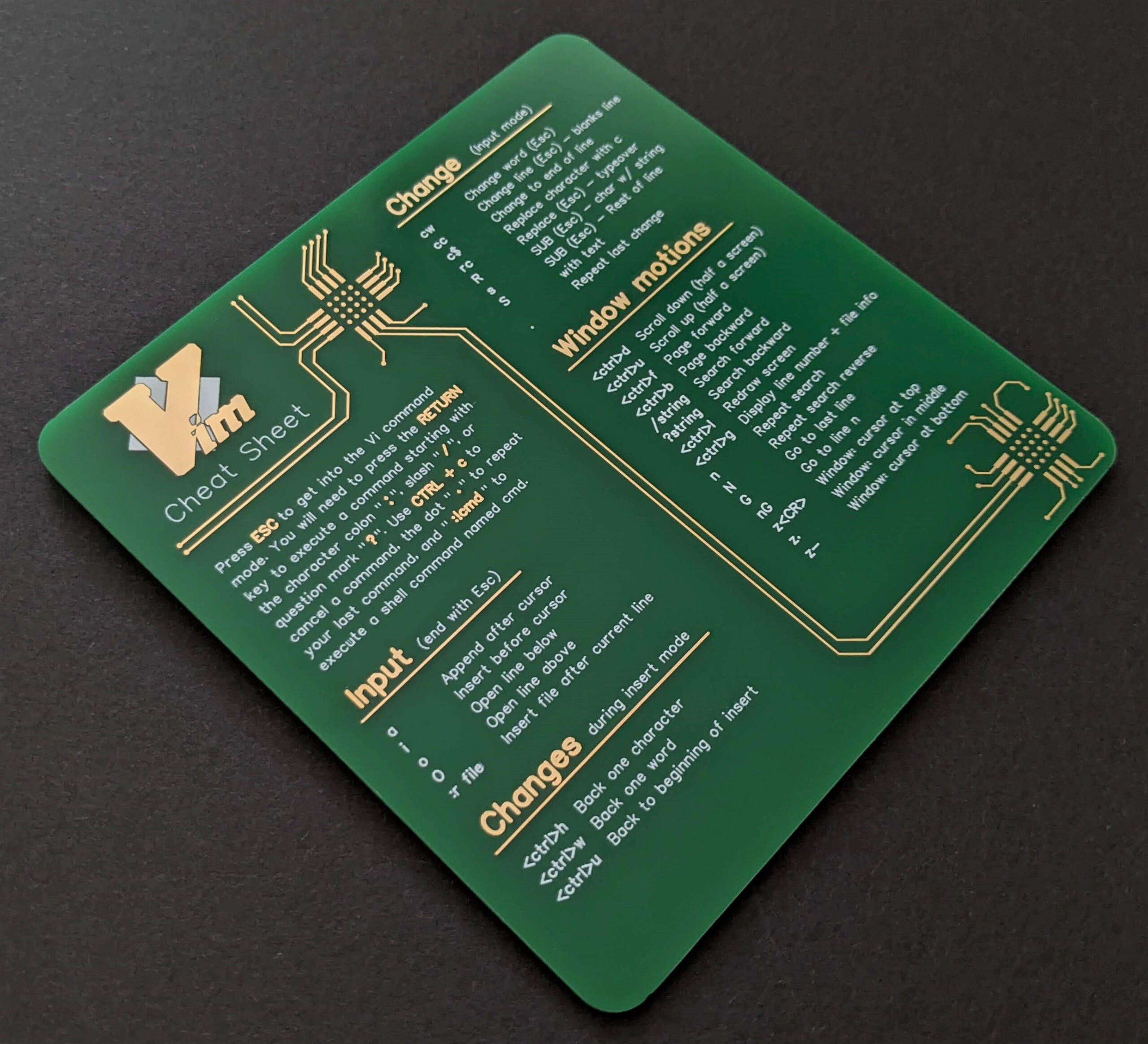 Green Vim Cheat-Sheet on a real PCB - Top