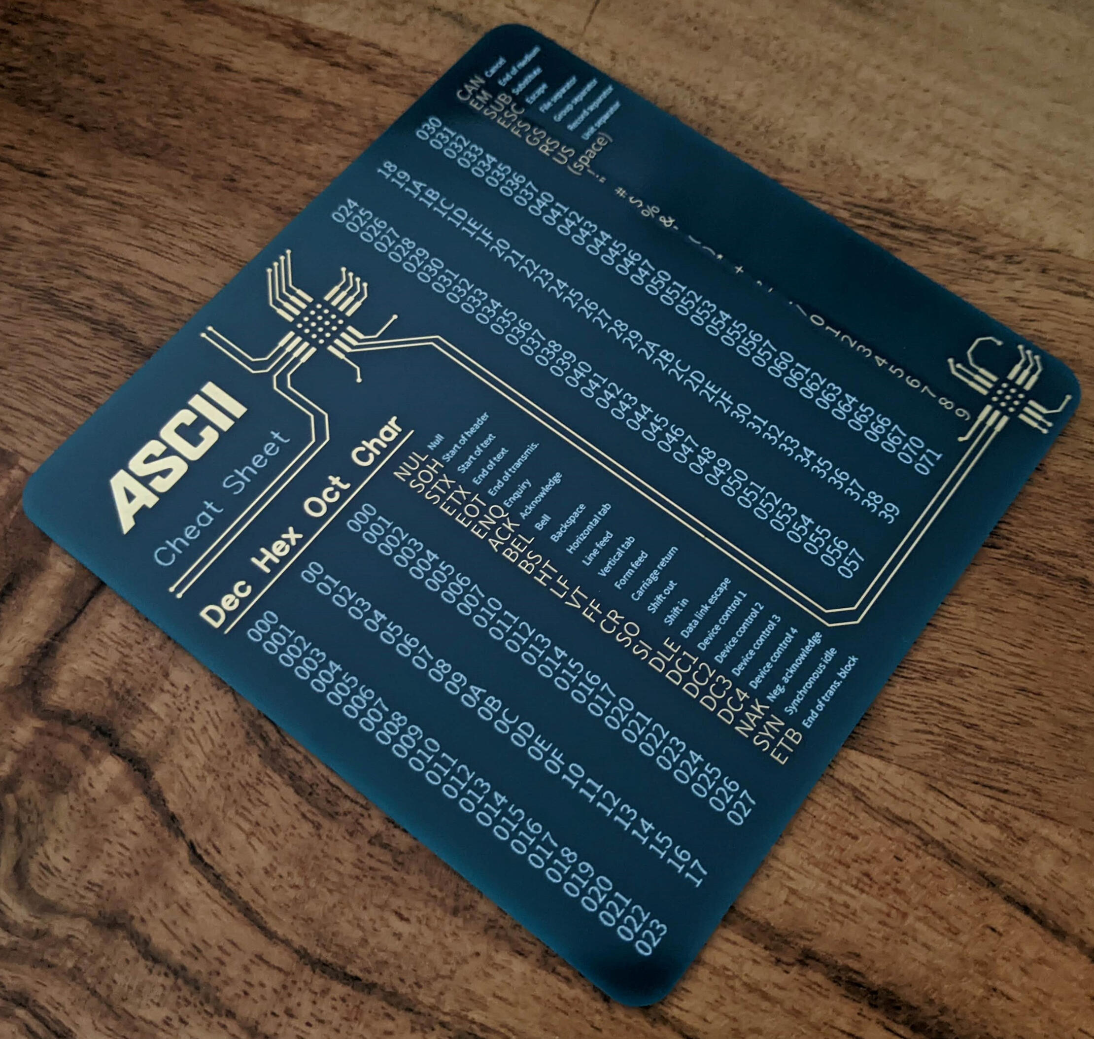 Blue ASCII Table Cheat-Sheet on a real PCB