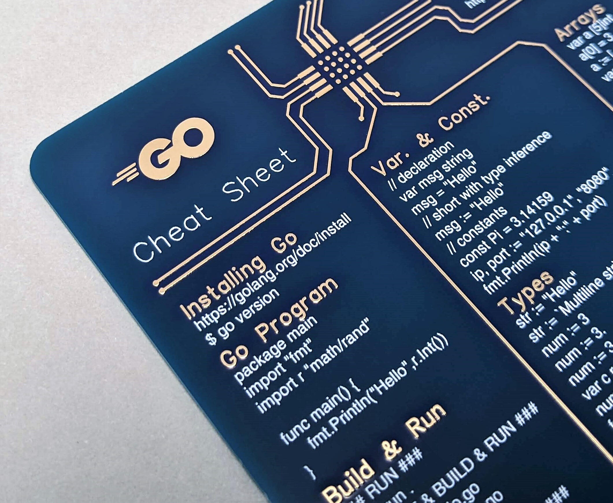 Blue Golang Cheat-Sheet on a real PCB